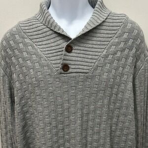 Chunky Cable Knit Sweater Shawl Collar Cozy Grandpa Pullover Gray